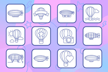 Air transport set icon. Linear icons with blimp, airship, hot air balloon, banner balloon, camera balloon, heart balloon, cloud, sun, water, landing platform, flight elements. Clean outline style. © Кирилл Макаров