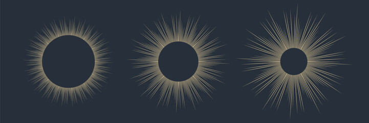 Set of golden sun. Abstract glowing stars with thin dynamic rays. Vector © Tatiana