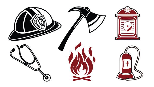 Vector illustration of firefighting equipment and emergency tools with firefighter emergency protection