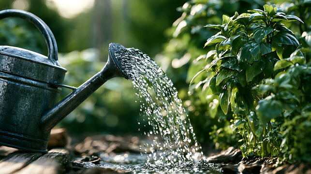 Arrosoir versant de l'eau sur des plantes de basilic dans un jardin pendant une belle journ&eacute;e