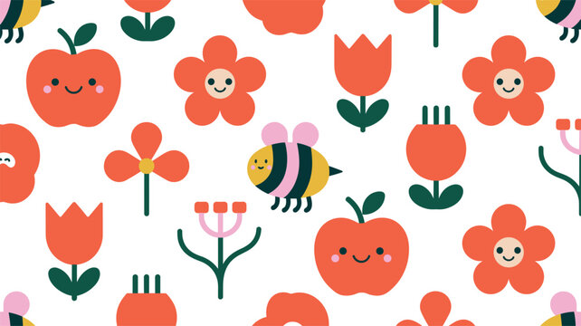 Cute seamless pattern with smiling apple bee and flowers cartoon background vector illustration