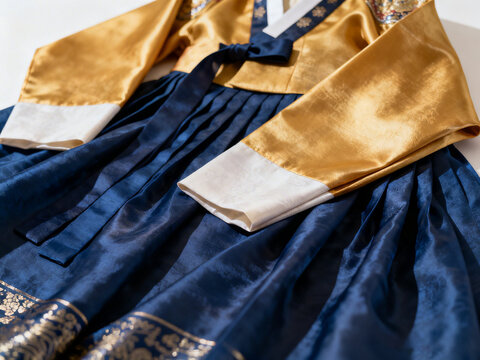 Elegant Hanbok Traditional Korean Dress with Gold Jeogori and Navy Blue Chima