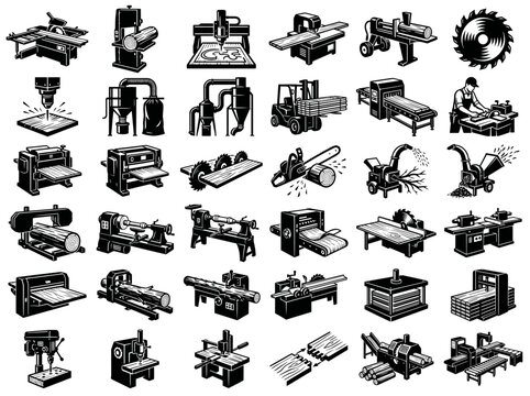Woodworking Machinery and Industrial Carpentry Tool Icon Set, Vector Illustration of Sawmill Equipment, Lumber Processing Machines and Joinery Workshop Tools for Construction and Manufacturing Infogra