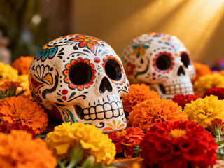Fototapeta premium Traditional Mexican Sugar Skulls Surrounded by Vibrant Marigold Flowers for Day of the Dead Celebration