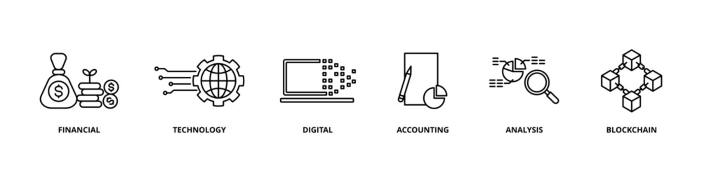 Fintech icon set with financial, technology, digital, accounting, analysis, and blockchain