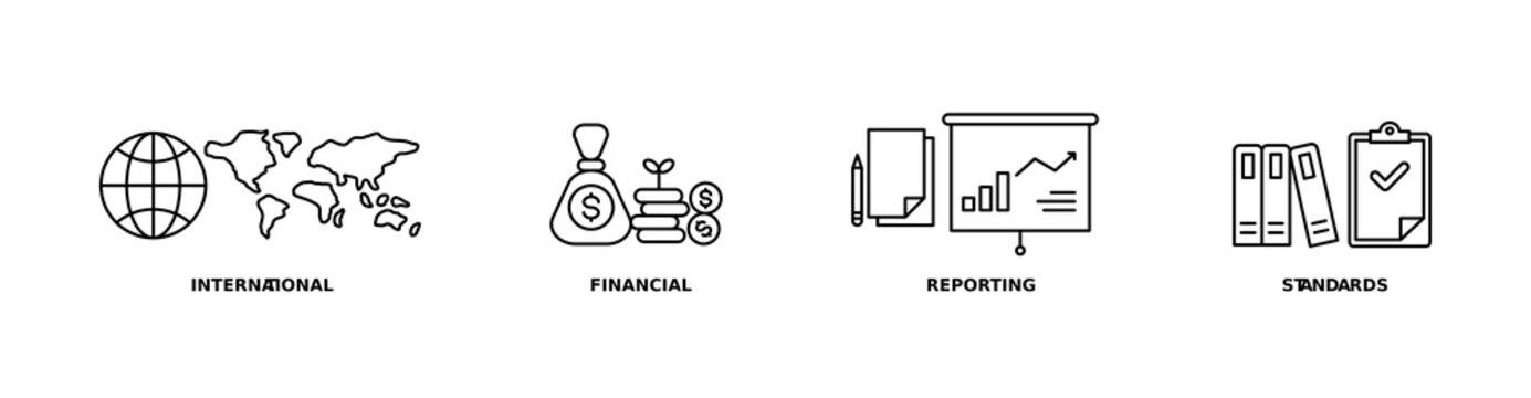 IFRS icon set with international, financial, reporting, and standards