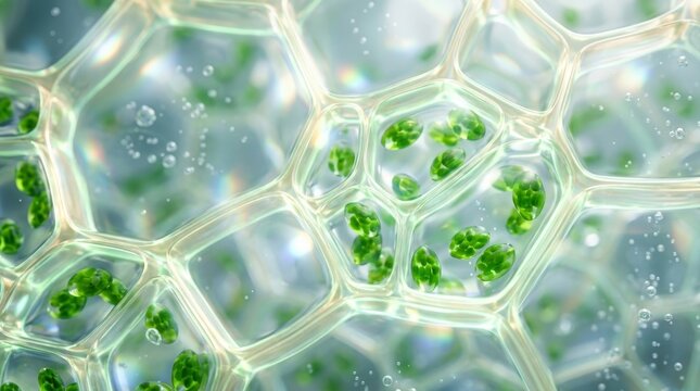 Microscopic view of plant cell walls showing chloroplasts and light refraction
