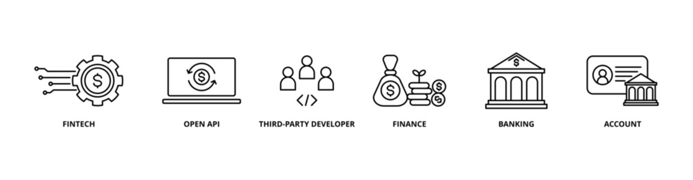 Open Banking icon set with fintech, open api, third-party developer, finance, banking and account
