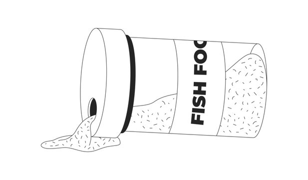 Spilled fish food container 2D line object. Open jar tipped over. Pet product with flakes. Feeding routine. Aquarium maintenance isolated clipart vector outline item. Black and white spot illustration