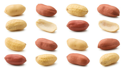 Obraz premium A collection of peanuts in various states of shelling on a white background