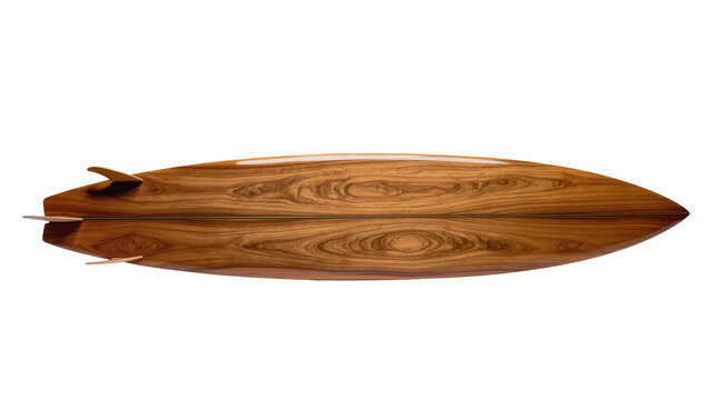 Wooden surfboard with fins, isolated on transparent background