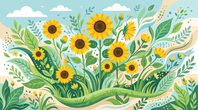 Vibrant sunflowers bloom in a lush garden on a sunny day with clouds