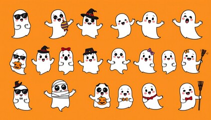 Fototapeta premium Adorable ghosts in various costumes and poses for halloween