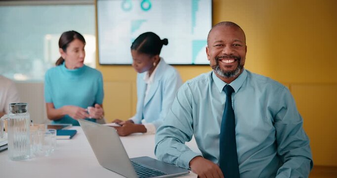 About us, face and finance with happy man in meeting for review of data charts or statistics. Laptop, smile and tie with mature broker in boardroom of financial workplace for investment planning