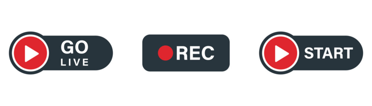 Go live and start recording button vector set with red play icon for professional streaming overlay and video layout interface creation
