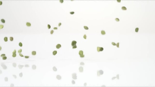 Dried raw Split Peas bouncing on a white tabletop in slow motion close up macro before settling.