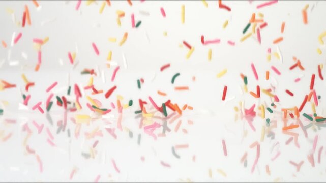 Birthday party celebration Rainbow Sprinkles bouncing on a white tabletop in slow motion close up macro before settling.