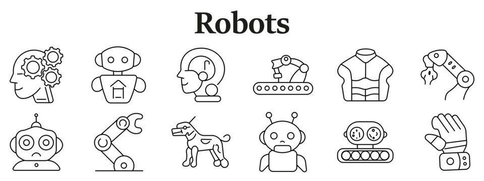 Robotics technology set icon. Gear head, humanoid robot, headset profile, robotic arm, torso armor, welding arm, bot face, manipulator, robot dog, android, conveyor unit, prosthetic hand line style