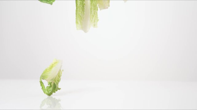 Crisp green Lettuce Cut Romaine Leaves bouncing on a white tabletop in slow motion close up macro before settling.