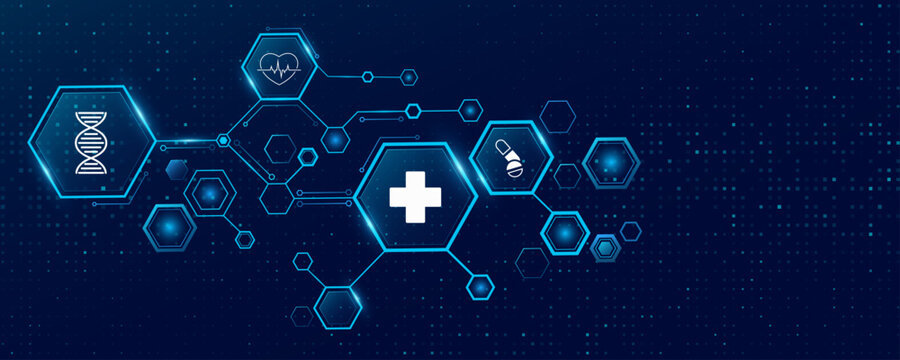 Medical high technology diagram featuring interconnected glowing hexagons with healthcare icons on dark dots background. Digital Health concept for medicine scientific presentation. Vector.