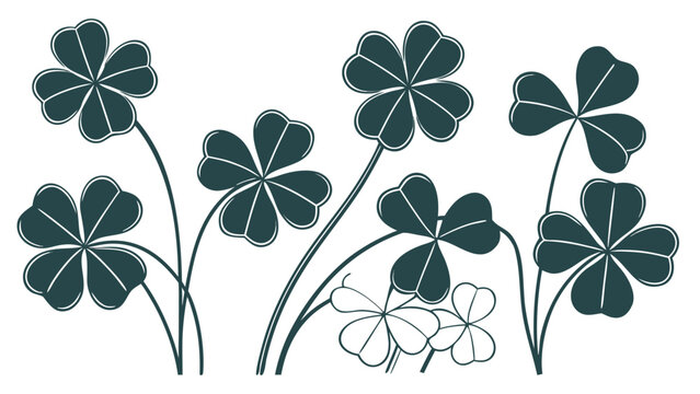 Vector illustration of green lucky four-leaf clovers isolated on white background with st patrick, shamrock