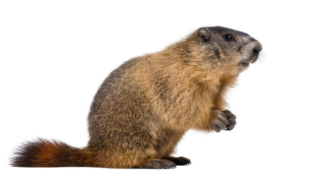 Fluffy brown groundhog standing on hind legs, isolated on transparent background