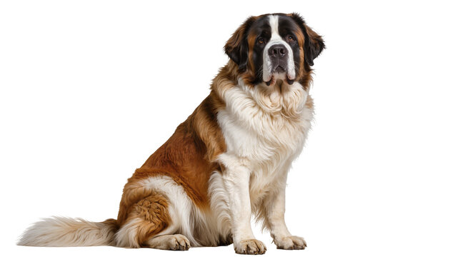Majestic Saint Bernard dog with brown and white fur, sitting calmly isolated on transparent background