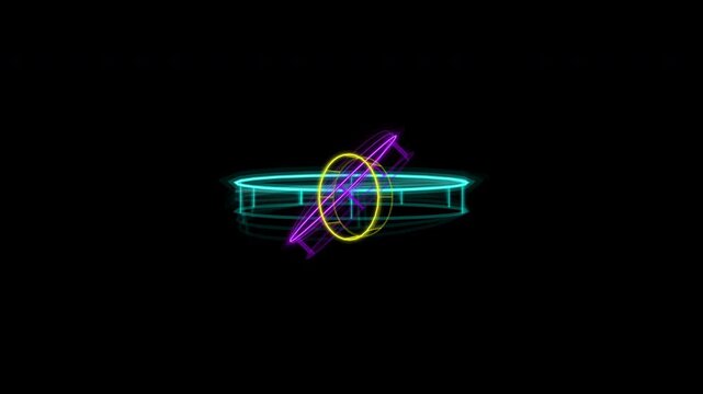 futuristic neon gyroscope with glowing cyberpunk orbital rings and wireframe motion, abstract synthwave geometric rotation with luminous digital circles on dark background 4k
