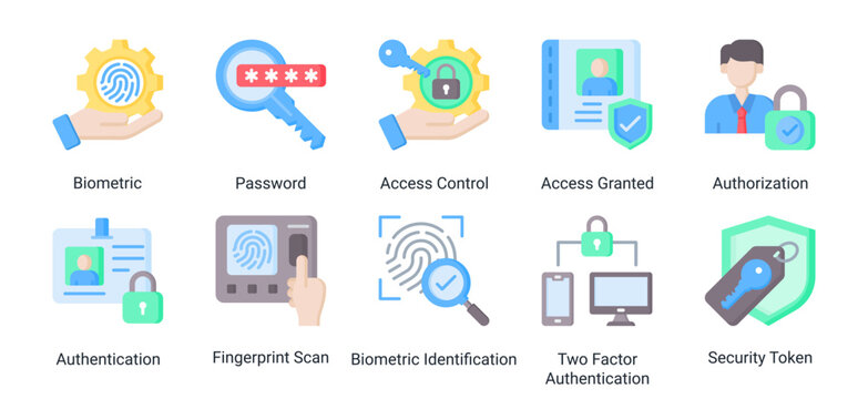 Access Security icon set vector illustration featuring biometric,password,authentication,and fingerprint scan icons for secure login and identity protection design.