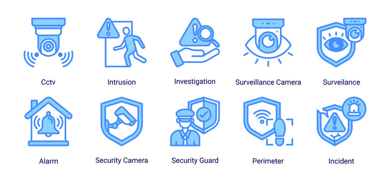 Surveillance System icon set vector illustration featuring cctv,alarm,security camera,and intrusion icons for monitoring and protection concepts.