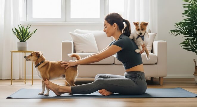 Woman in athletic wear stretches with two dogs on a yoga mat in a bright living room.