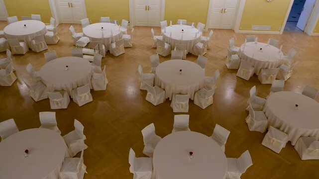 Grand Hotel Union Hall banquet setup in Ljubljana, indoor, pan shot