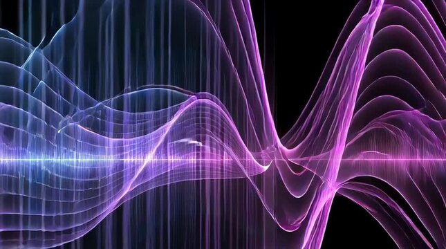 transparent glowing musical waveform on black background, abstract neon soundwave undulations in blue and purple, futuristic luminous audio waves with transparent glow