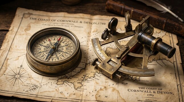 Vintage nautical navigation tools and old map, signifying exploration and discovery