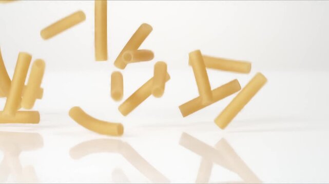 Fresh uncooked Ziti Canelloni bouncing on a white tabletop in slow motion close up macro before settling.