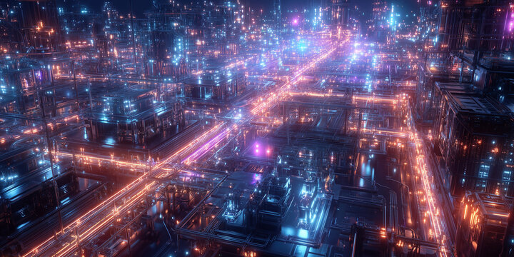 Modernization of electric grid infrastructure in futuristic cityscape digital rendering high-tech environment aerial view