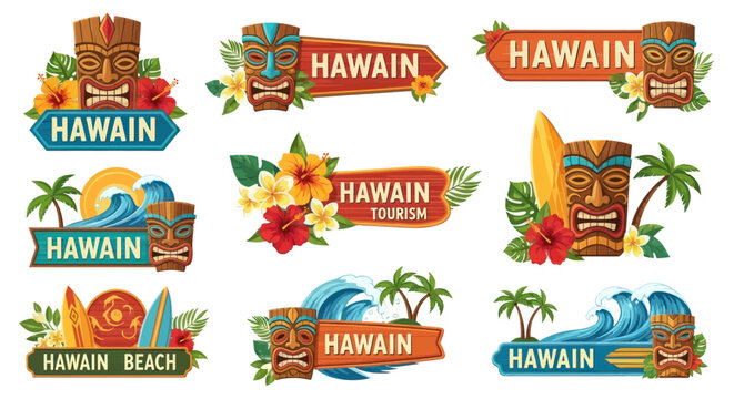 Hawaii Tropical Vacation Signs with Tiki Masks, Surfboards, and Aloha Spirit