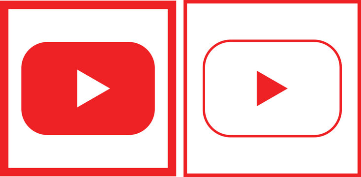 YouTube play button icon set collection group, video streaming media player and online channel symbol vector pack, flat and outline style red and black icons isolated background