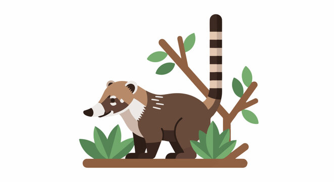 A brown coati with a ringed tail stands among plants and branches