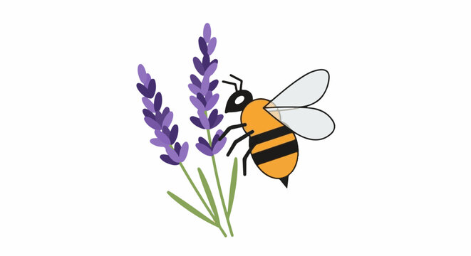 A cartoon bee collects nectar from purple lavender flowers