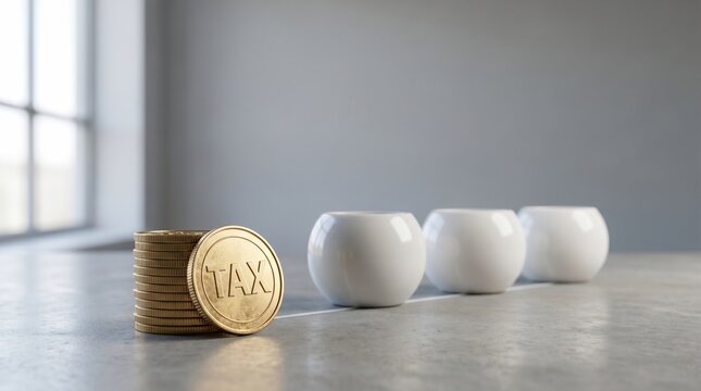 Tax coins stacked beside white piggy banks on gray surface