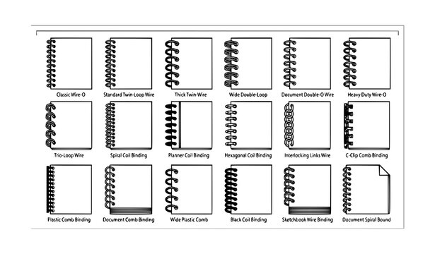 Monochrome notebook spiral bindings with document coil vector illustration pack