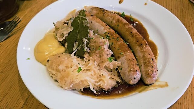 Traditional bratwurst and sauerkraut meal with mustard and rich brown sauce on a white plate, rustic German cuisine close-up for restaurant, travel, Oktoberfest and hearty food video scene.
