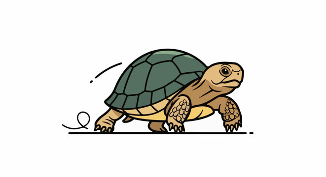 A cartoon turtle walks with a determined stride, leaving a whimsical trail