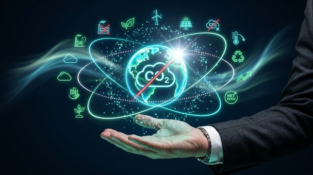 Businessman holding a glowing digital globe with co2 reduction and green energy icons representing sustainability and net zero climate goals