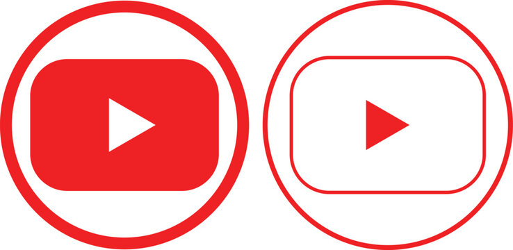 YouTube play button icon set collection group, video streaming media player and online channel symbol vector pack, flat and outline style red and black icons isolated background