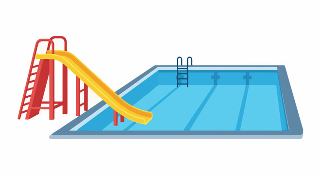 A bright yellow slide arches over a blue swimming pool with lanes