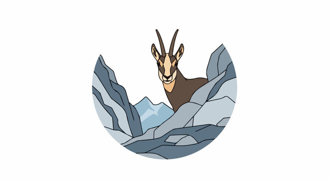 A chamois peeks out from behind rocky cliffs in a mountain landscape