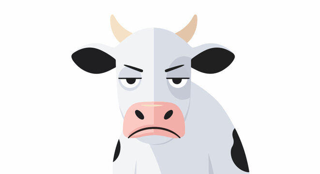 A bored cow with a pink nose, horns, and black spots