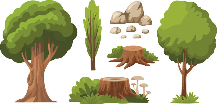 Forest nature landscape vector illustration element set with green trees stumps rocks and wild mushrooms